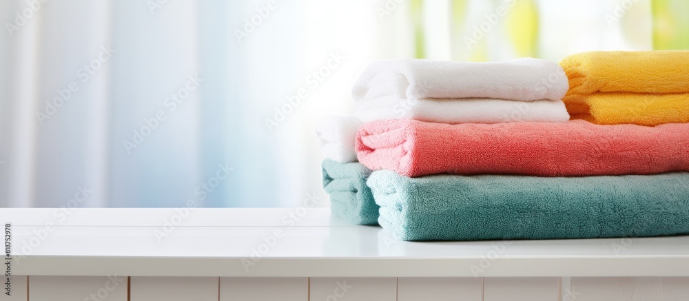 Poster A colorful display of cotton towels adorns a white wooden table in the bathroom creating an inviting and vibrant copy space image