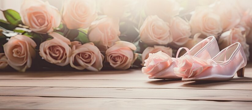Ballet shoes adorned with roses elegantly arranged on a serene wooden floor creating a captivating copy space image