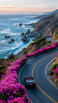 Epic and cinematic scene of a convertible driving on a road near a cliff full of pink flowers, summer concept vacation concept holidays