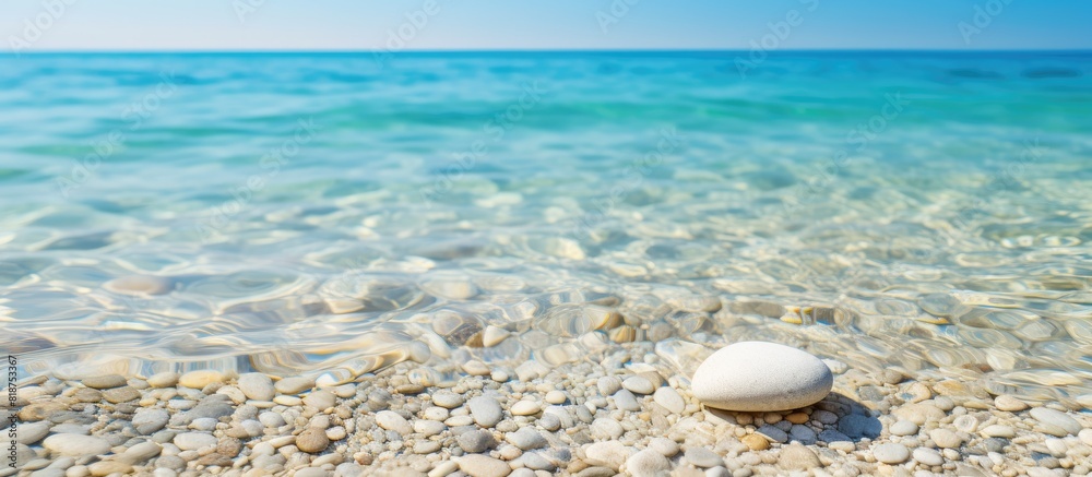 Poster A pebble resting in the clear water on the sandy beach creating a serene and natural background for any desired content Copy space image