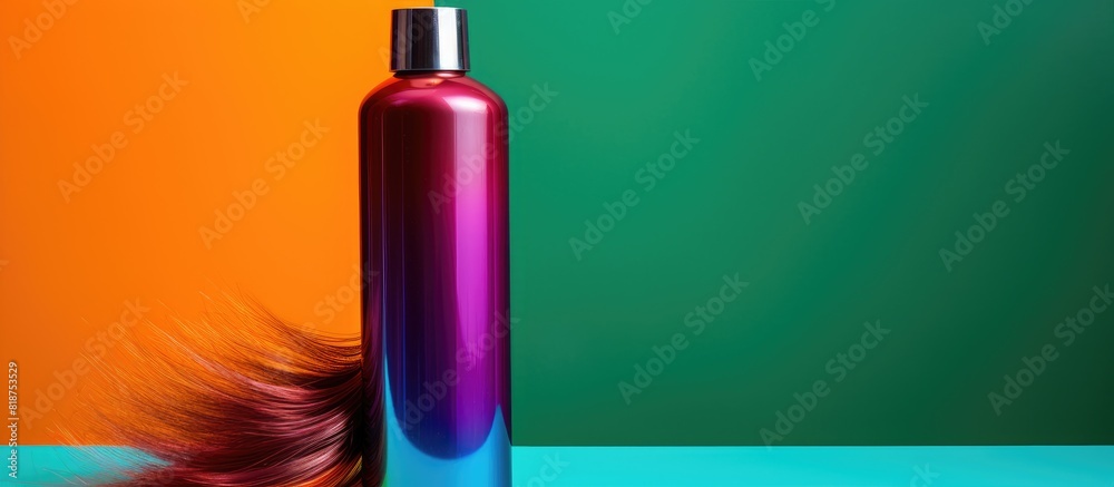 Poster copy space image of a shampoo bottle and a single strand of hair against a colorful background allow