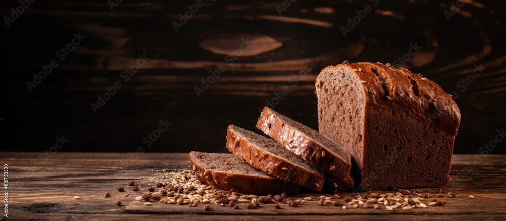 Aufkleber A copy space image of sliced brown bread with seeds is displayed on a rustic wooden background creating a fresh and wholesome atmosphere