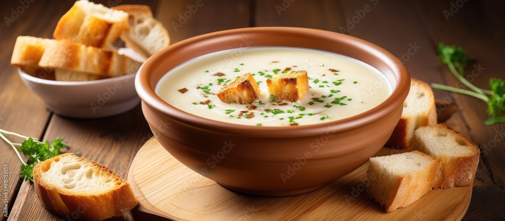 Poster a delectable fresh onion cream soup with croutons served on a wooden background ready for a copy spa
