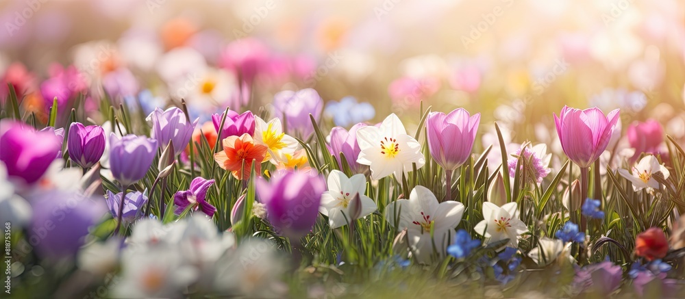 Poster A background image capturing the beauty of blooming flowers during spring with ample copy space for text or other elements