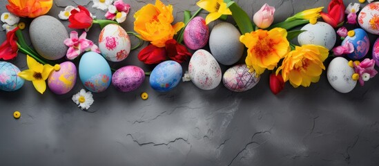 A grey stone background adorned with vibrant flowers and painted Easter eggs creating a colorful arrangement Copy space available - Powered by Adobe