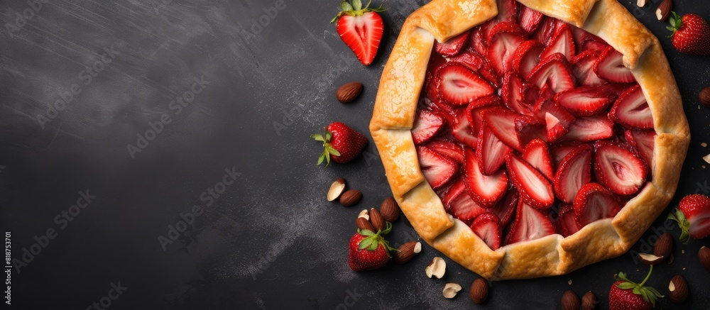 Poster copy space image of a homemade galette featuring fresh strawberries and a delicious nut cream displa