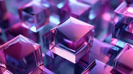 3D rendering of a crystal clear glass cube. The cube is reflecting the light and the surrounding...