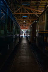 Fototapeta premium Woman walking on a narrow walkway at the train station