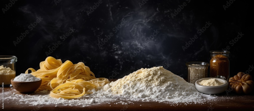 Poster A copy space image of uncooked pasta noodles in the form of nests alongside flour and seasonings placed on a table