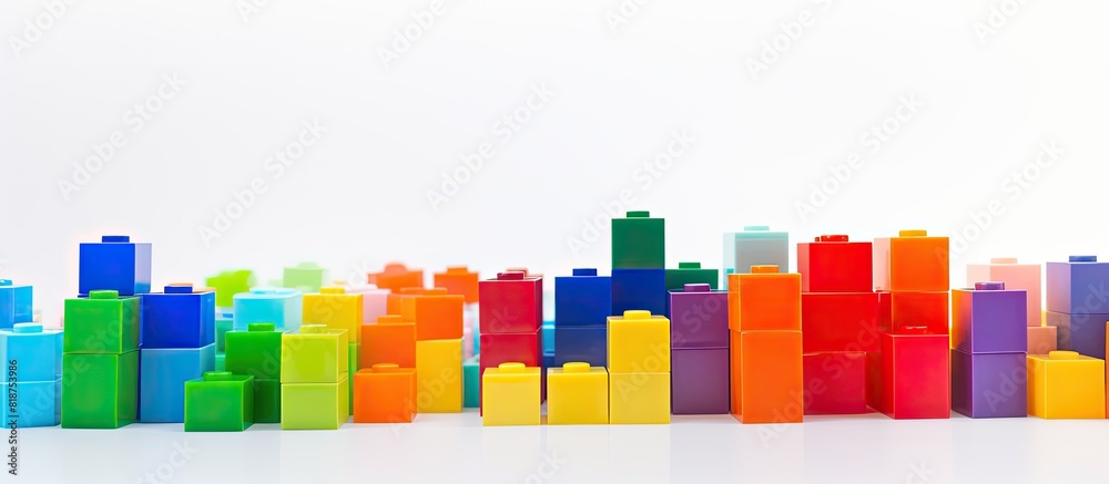 Aufkleber There is a copy space image of plastic building blocks placed on a white background with ample room for inscriptions