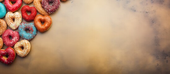 A copy space image of heart shaped colorful donuts against a textured background