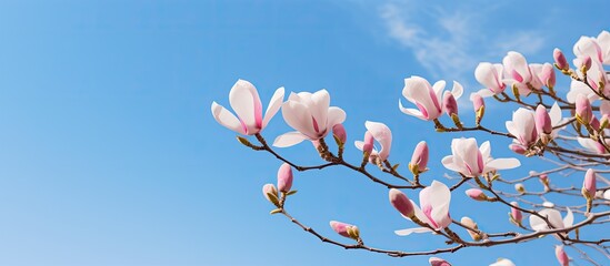 Magnolia tree buds closed tightly create a captivating image of nature against a serene blue sky...