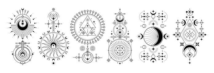 Vector space sign collection. Set of celestial symbols with planet, orbit, moon and sun, crescent. Astrology tattoo or tarot esoteric card. Occult and spiritual print. Sky and universe, cosmos, galaxy
