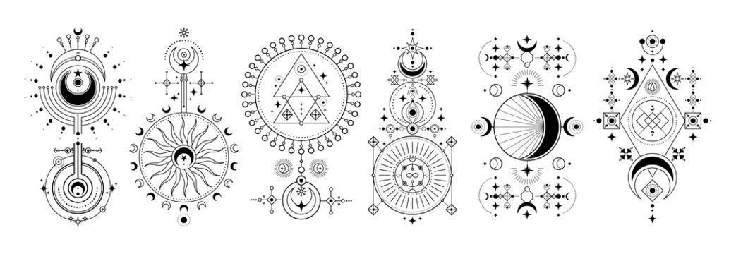 Vector space sign collection. Set of celestial symbols with planet, orbit, moon and sun, crescent. Astrology tattoo or tarot esoteric card. Occult and spiritual print. Sky and universe, cosmos, galaxy