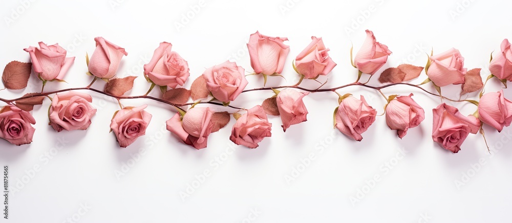 Poster A top down view of dry rose flowers is displayed on a white background in this flat lay image leaving ample copy space