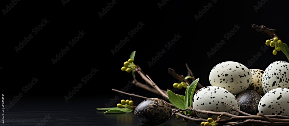 Poster A dark background showcases Easter quail eggs and willow branches in a compelling copy space image