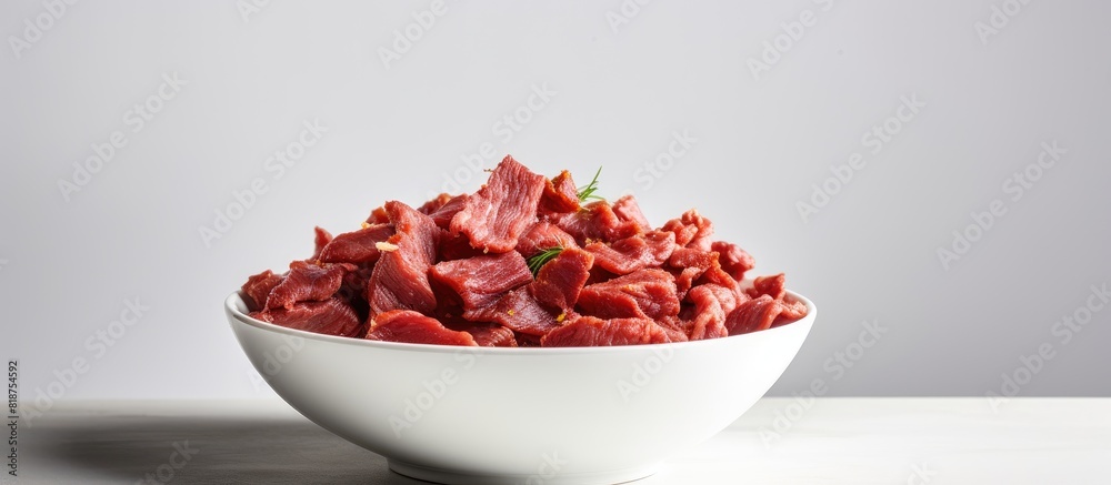 Poster a white bowl contains jerky meat allowing for copy space in the image