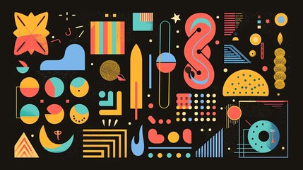 A vector illustration of a variety of colorful geometric shapes and objects.