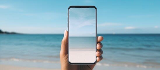 A women s hands holding a cellphone with an empty screen ideal for advertising or promotional content against a beach background. Creative banner. Copyspace image