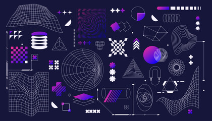 Set of futuristic geometry shapes. Vector isolated wireframe and bended grids. 3d cyber or sci-fi elements. Geometric mesh for future poster. Topology and science cover element. Techno template