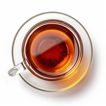 Top view photo of a black tea cup isolated on white background and clipping path
