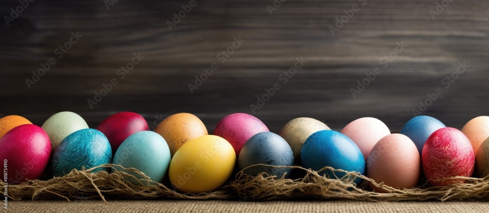 Aufkleber Colorful Easter eggs are creatively displayed on a rustic backdrop of burlap and straw with plenty of copy space image