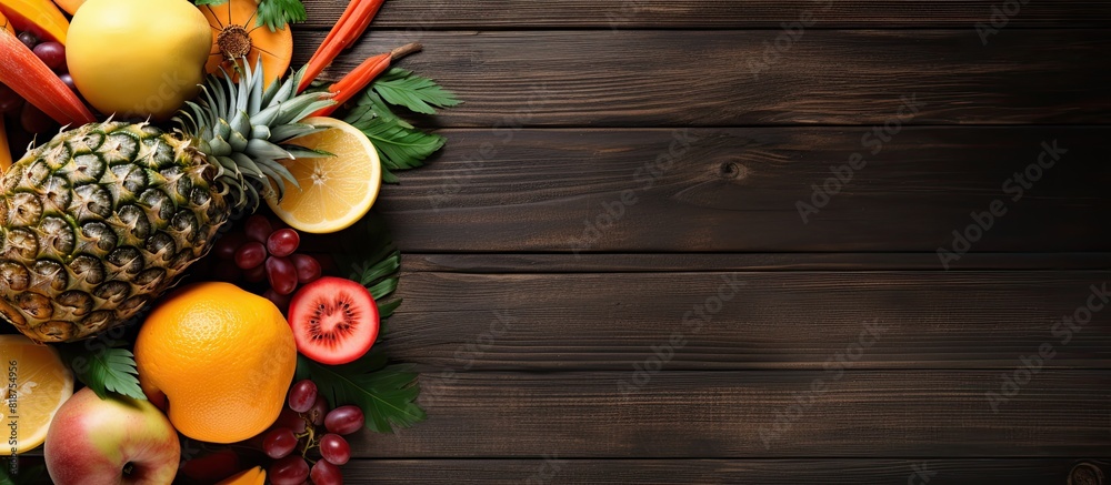 Aufkleber copy space image featuring a wooden table adorned with palm oil and a variety of fresh fruits creati