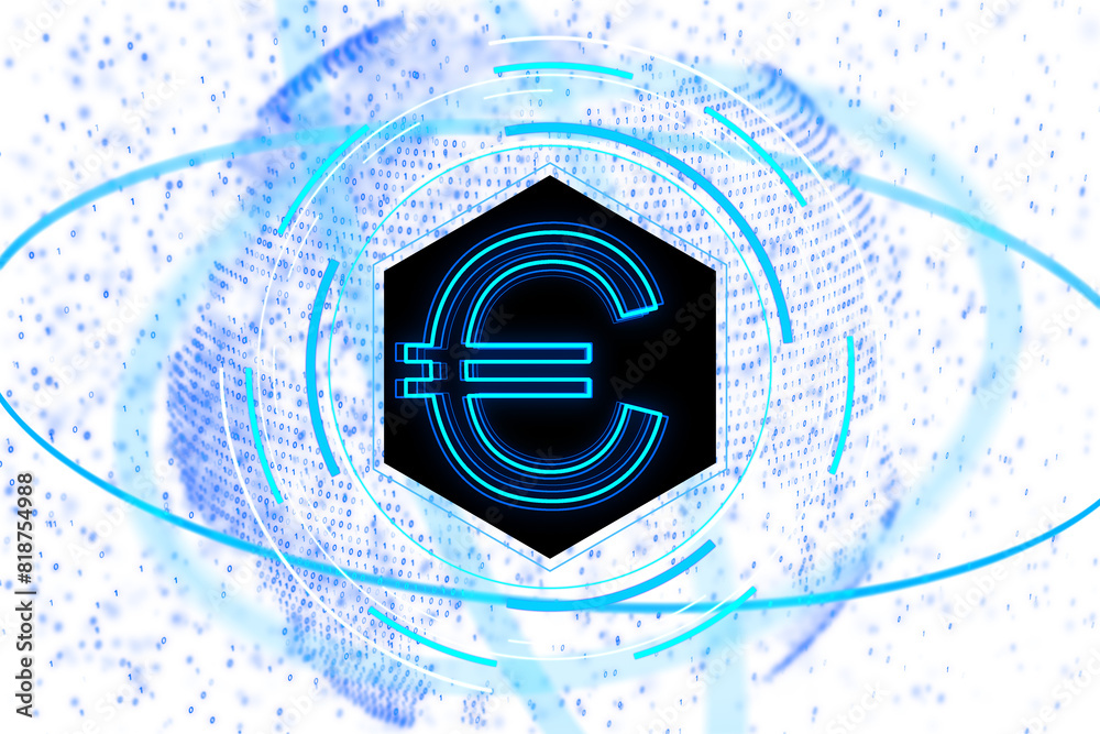 Aufkleber Digital Euro symbol with abstract blue binary code data waves on a white background, representing the concept of cryptocurrency or digital currency