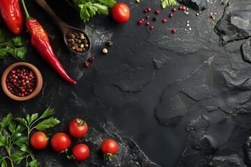 Black stone cooking background. Spices and vegetables. Top view. Free space for your text.
