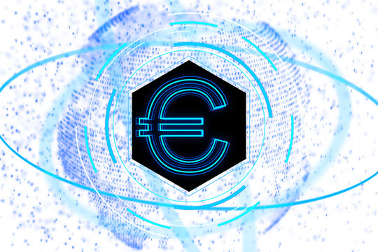 Digital Euro symbol with abstract blue binary code data waves on a white background, representing the concept of cryptocurrency or digital currency