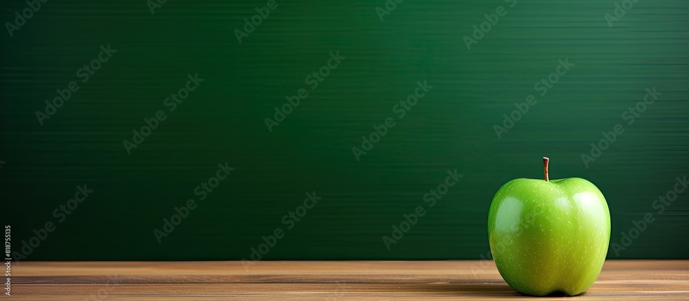 Poster an isolated green apple with a pen stand rests on a wooden background creating an attractive copy sp