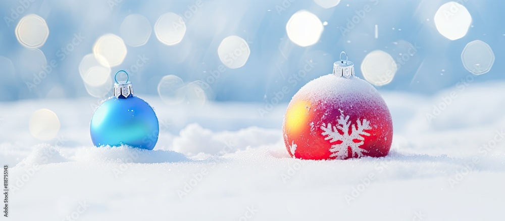 Aufkleber close up of a colorful christmas decoration on snow with ample copy space image