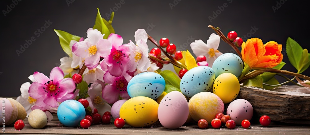 Poster An Easter themed arrangement adorned with colorful eggs and candies perfect for capturing a charming copy space image