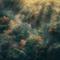 Enchanting Aerial View of Lush Forest Bathed in Morning Light