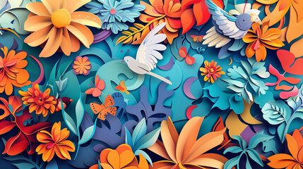 Artistic Paper Cutout Flowers and Leaves in a Rich, Multicolored Design