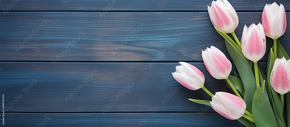 Poster a top down view of white and pink tulip flowers resting on a blue wooden table creating a visually p