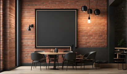 A brick wall with a Black and White empty mockup frame in the dining room