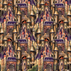 Pattern with many different ancient medieval castle. Watercolor drawing of buildings.