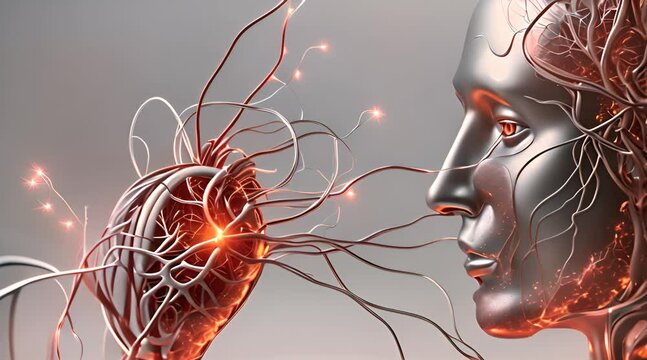 Depicting futuristic concept of human technology integration, silver face interfaces with glowing neural network, symbolizing artificial intelligence, connectivity, and advanced technology