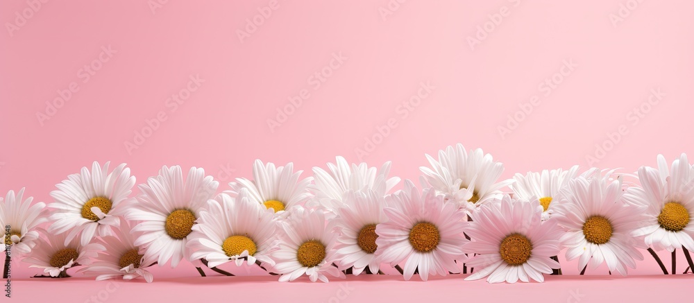 Aufkleber sunlit white chamomile flowers on a pink background creating an ideal copy space image