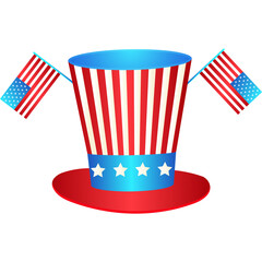 Illustration of uncle sam hat, American Flags on png background.