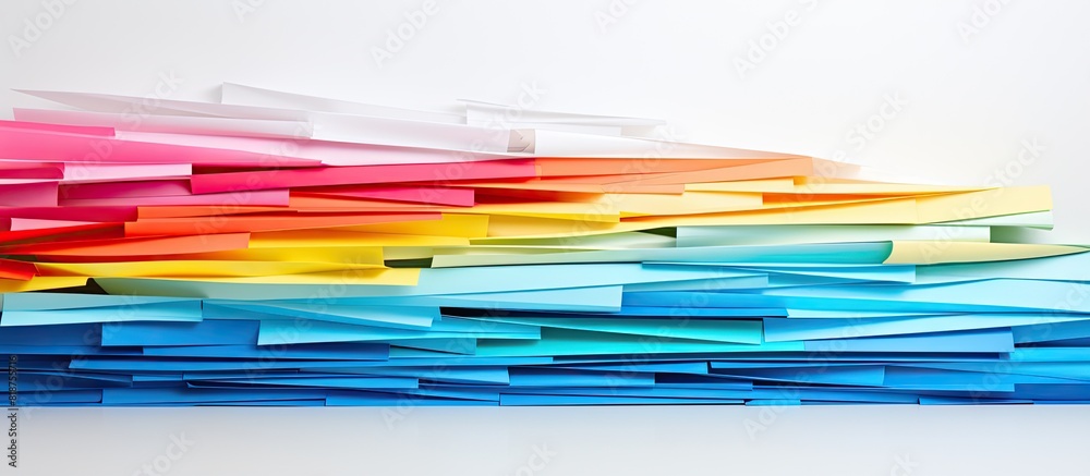 Poster A white background adorned with a mesmerizing arrangement of stacked colored papers creating an alluring copy space image