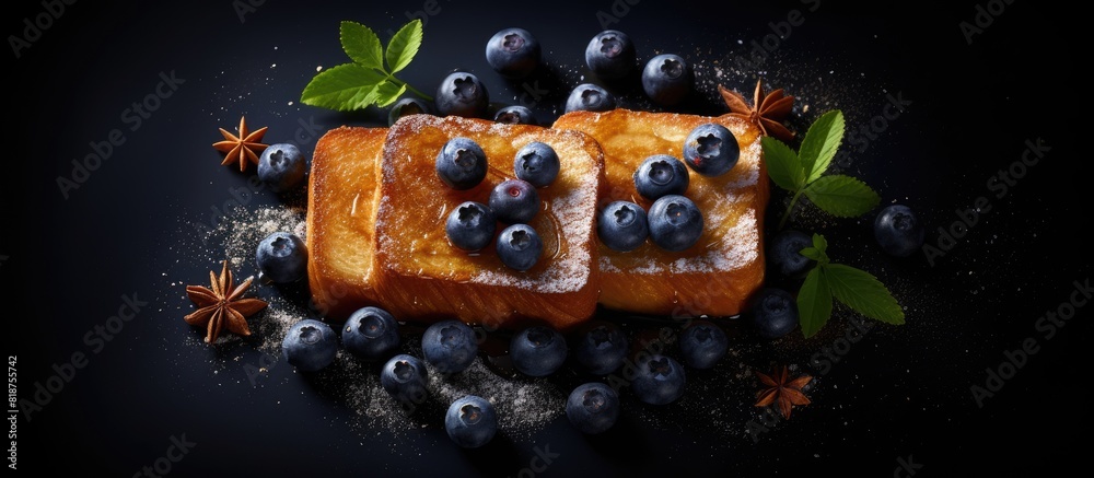 Poster Top view of French toasts embellished with maple syrup and blueberries presented on a dark background with ample copy space