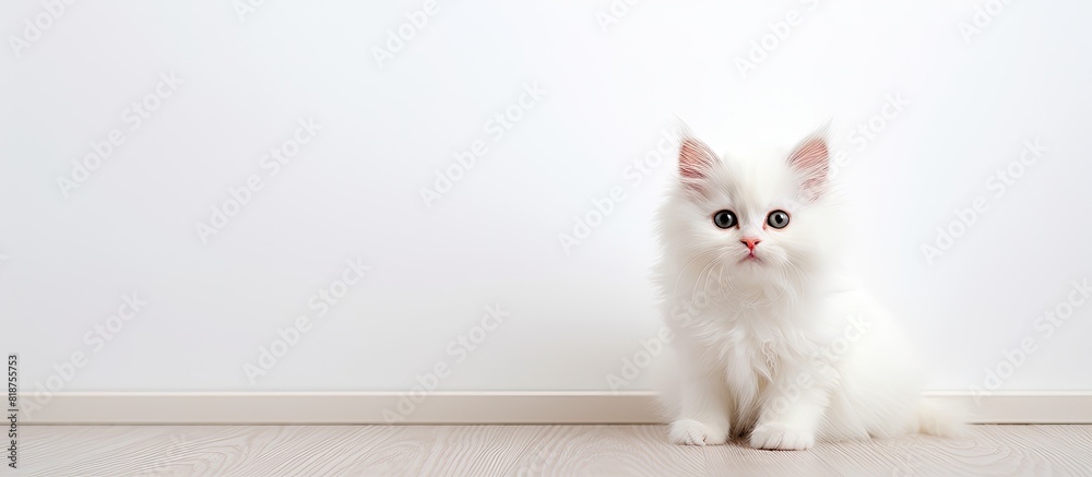 Poster a cute white fluffy kitten sitting on a light background with copy space image