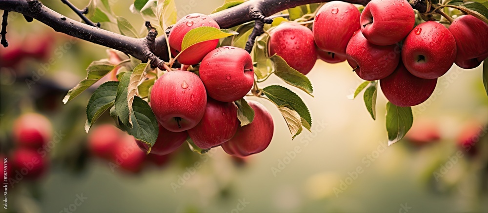 Poster The image features a branch with red apples against the backdrop of an apple orchard providing copy space