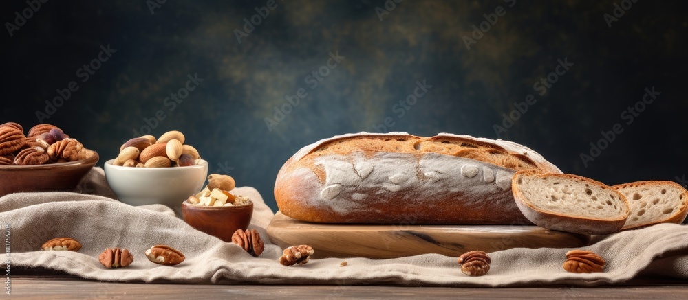 Poster A rustic slate plate with a hessian table cloth showcasing a delicious copy space image of fresh sourdough bread topped with nuts