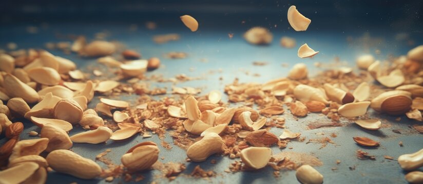 There is peanut shell trash scattered across the concrete floor leaving space for any image. Creative banner. Copyspace image