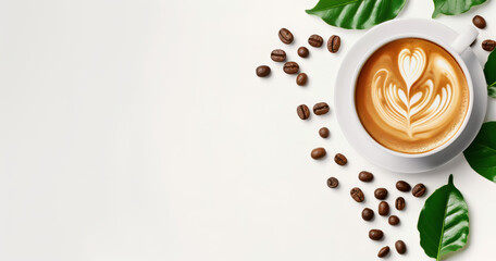 top view of coffee beans and coffee with copy space