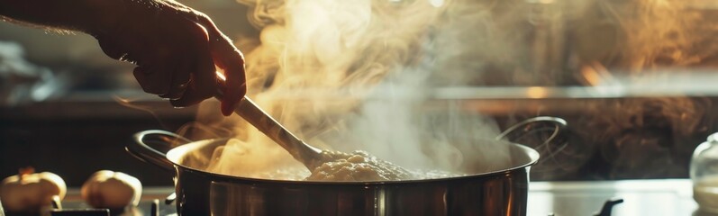 Someone stirring something in a pot on a stove with a wooden spoon, food background . 