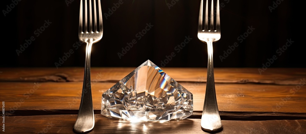Poster On the table there is a tuning fork and a crystal with plenty of empty space around them for a background image. Creative banner. Copyspace image
